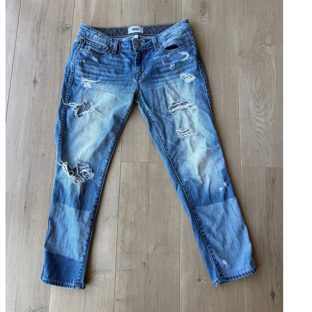 Paige Jimmy Jimmy Crop Distressed Shadow Patch Boyfriend Jeans Blue Size 27